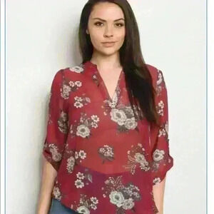 Burgundy floral sheer blouse Size 1X